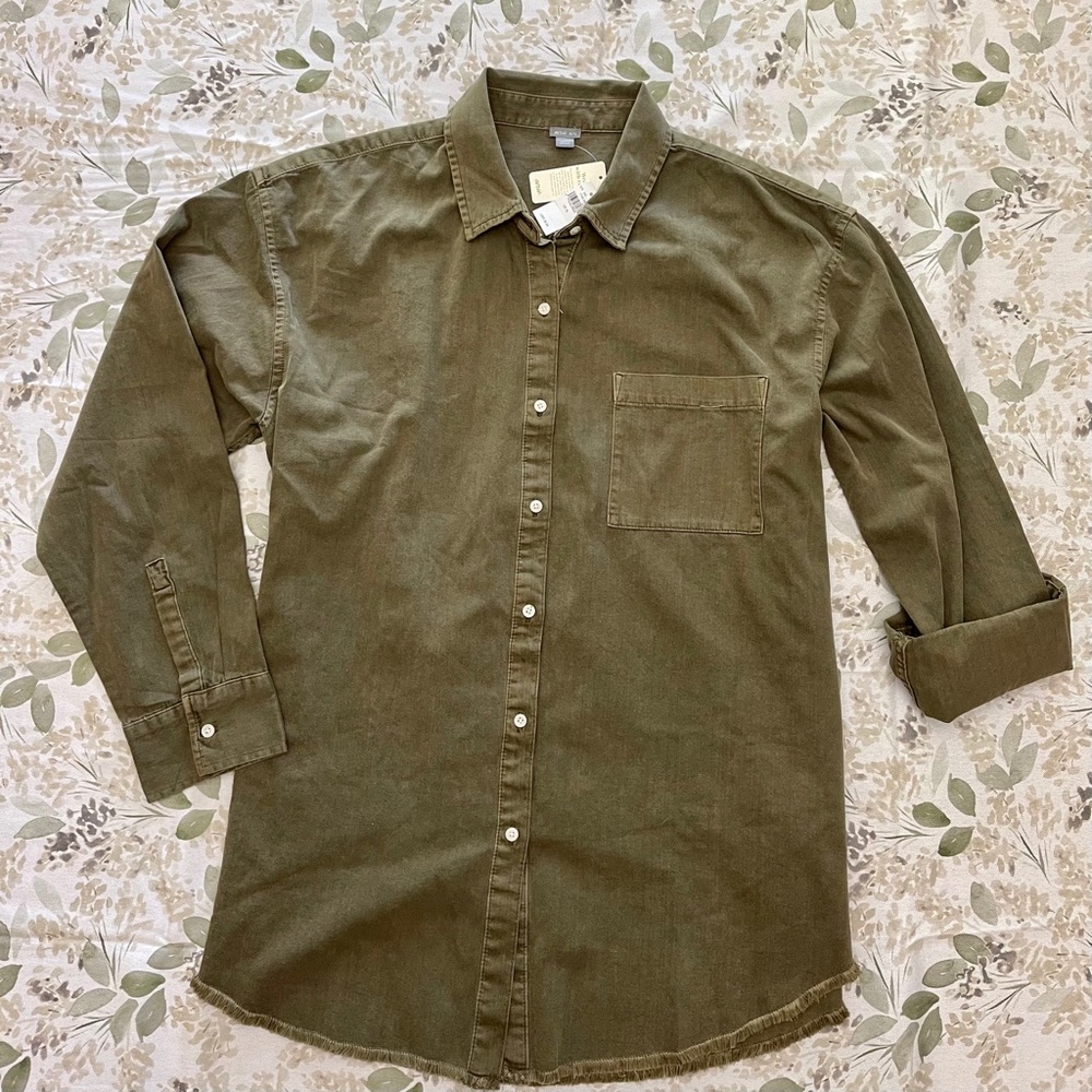 Aerie Cotton Dyed Button-up with Frayed Hem Detail